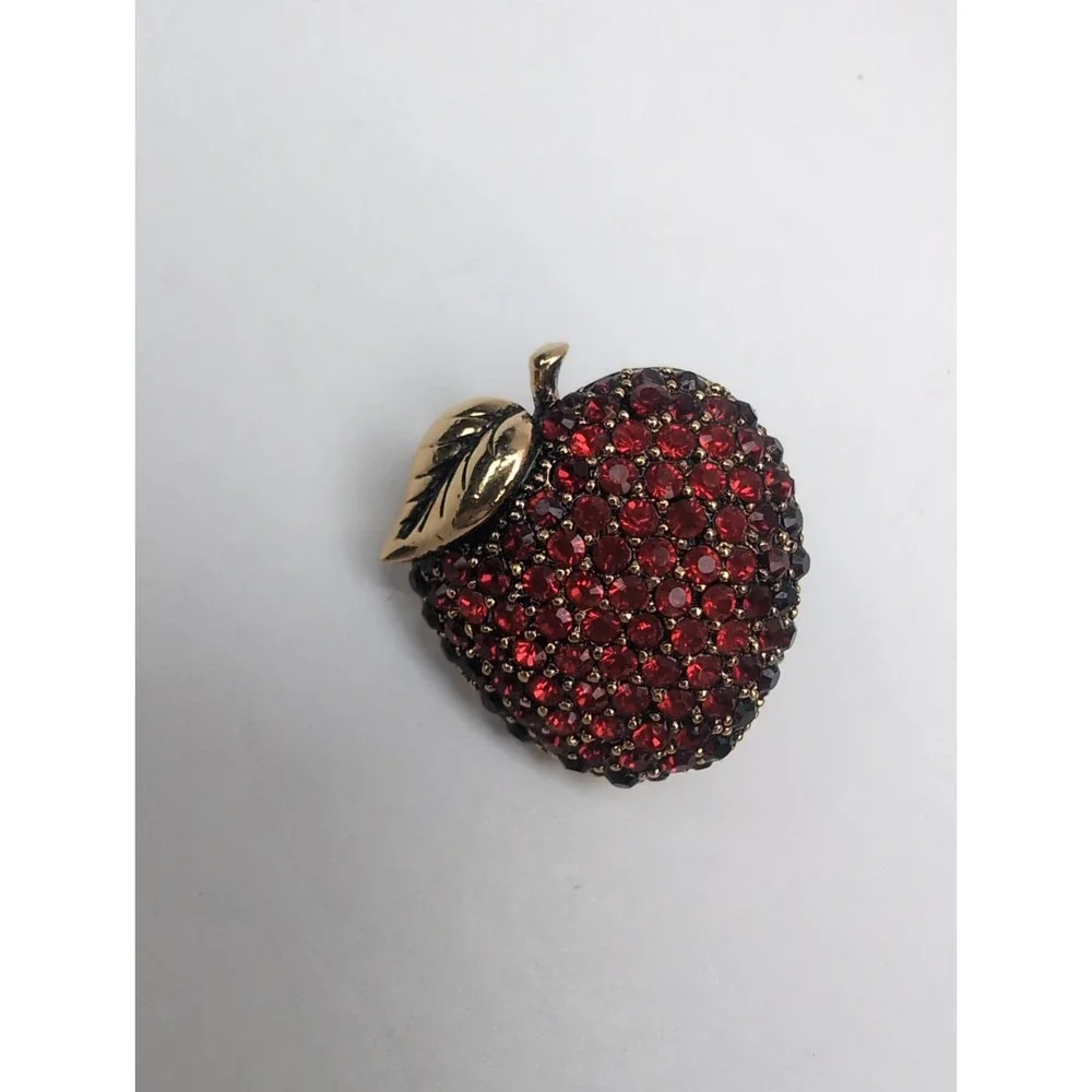 Vintage MONET Goldtone Red Apple Rhinestone Brooch Teacher Gift Pin Collectable